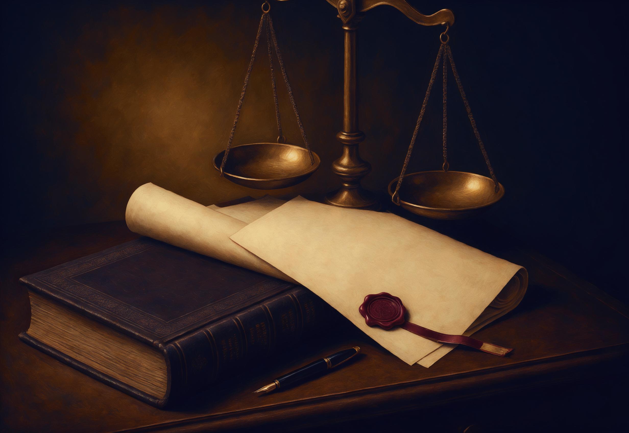 A bound volume of statutes, an officially sealed document, and the scales of justice