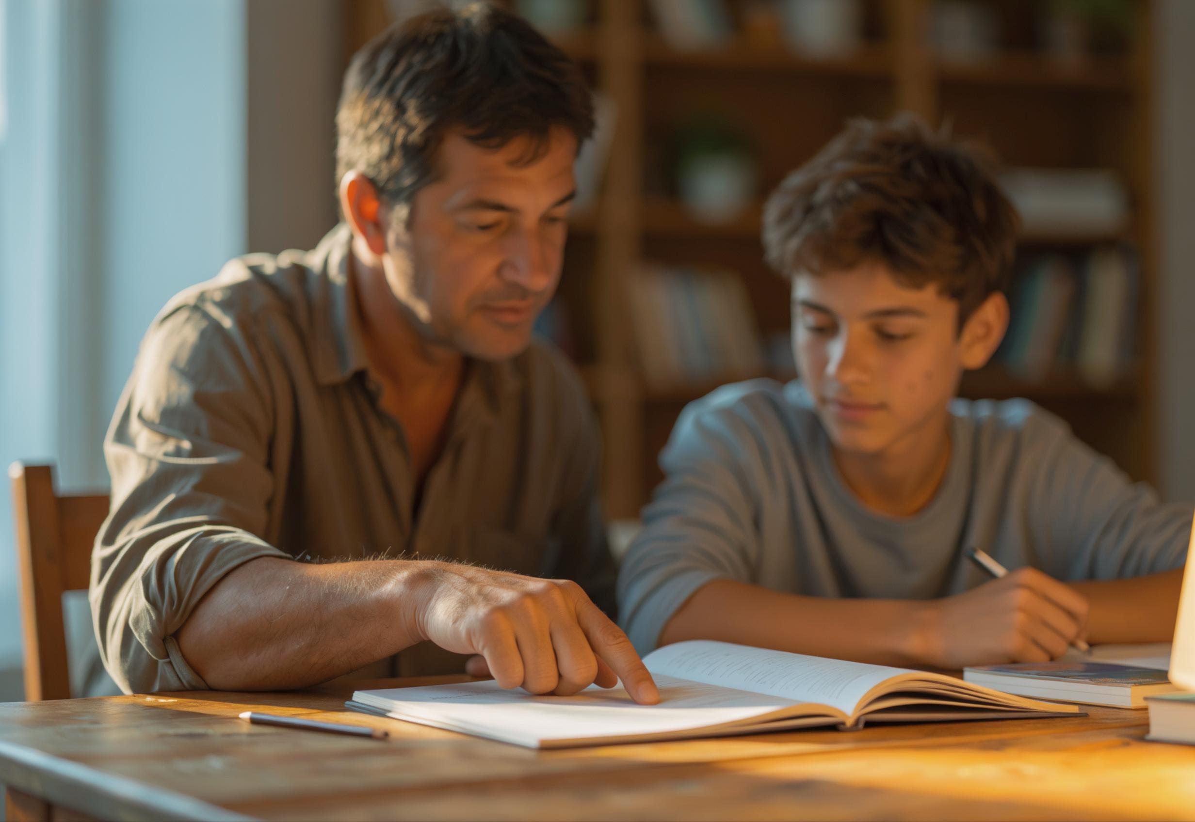 A parent working closely with their child at home